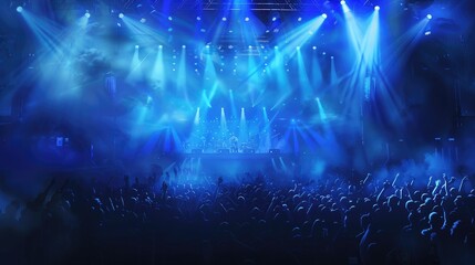 Fototapeta na wymiar crowded concert hall with scene stage lights in blue tones, rock show performance, with people silhouette, on a dance floor air during a concert festiva
