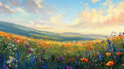 The breathtaking view of a wildflower meadow, with a diverse palette of colors stretching far into the horizon, inviting onlookers to wander and revel in nature's springtime display. - 766031018