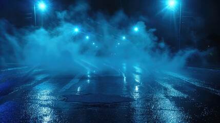 Dark empty scene, blue neon searchlight light, wet asphalt, smoke, night view