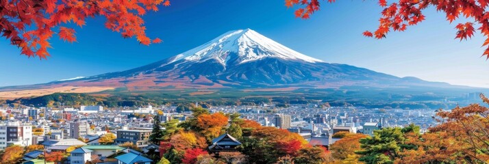 Mtfuji, tokyo  tallest volcano with snow capped peak, autumn red trees, nature landscape wallpaper - obrazy, fototapety, plakaty