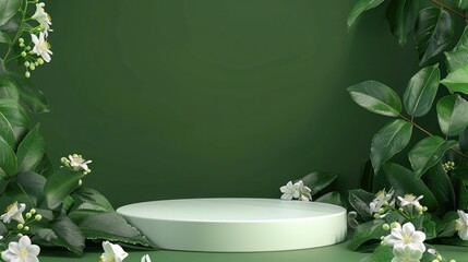 Empty podium for product placement at green background with jasmine flowers and leaves. Merchandise...