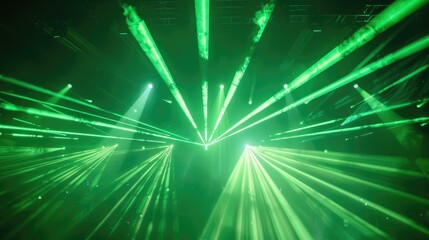 Fototapeta na wymiar From below shot of bright beams of green laser lights illuminating music venue during show