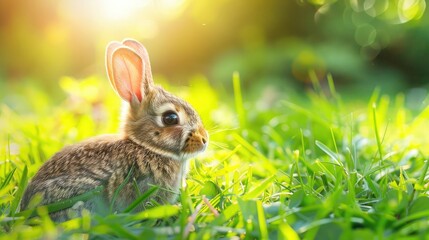 Little rabbit on green grass in summer day