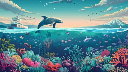 An illustration depicting a healthy, thriving marine ecosystem contrasted against a scene affected by plastic pollution, emphasizing the importance of making conscious choices to protect our oceans. - obrazy, fototapety, plakaty