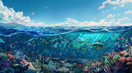 An illustration depicting a healthy, thriving marine ecosystem contrasted against a scene affected by plastic pollution, emphasizing the importance of making conscious choices to protect our oceans. - obrazy, fototapety, plakaty