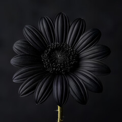 Black daisy flower isolated on black background, close-up.