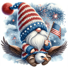 A patriotic gnome wearing a knitted American flag hat, riding an eagle, and holding an American flag, surrounded by fireworks in a festive scene.