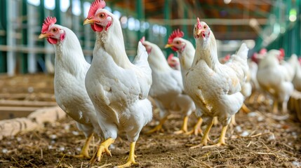 Fototapeta premium Poultry broiler farm business with group of white chickens in parent stock modern housing farm.