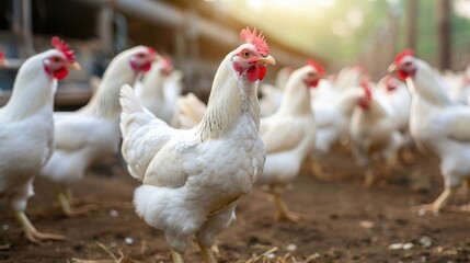 Fototapeta premium Poultry broiler farm business with group of white chickens in parent stock modern housing farm.