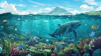 An illustration depicting a healthy, thriving marine ecosystem contrasted against a scene affected by plastic pollution, emphasizing the importance of making conscious choices to protect our oceans. - 766031898