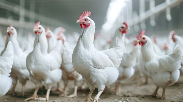 Poultry broiler farm business with group of white chickens in parent stock modern housing farm.