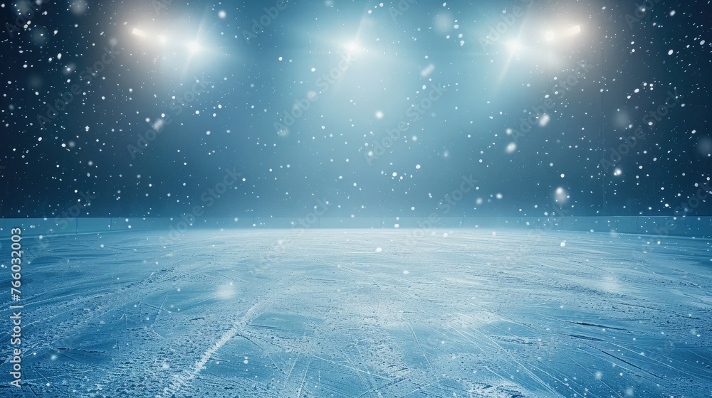 Poster snow and ice background.empty ice rink illuminated by spotlights