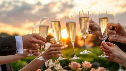 Naklejka premium Golden hour vineyard wedding reception love and celebration in a destination setting