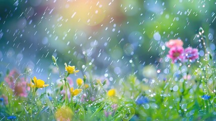 spring flowers rain drops, abstract blurred background flowers fresh rain
