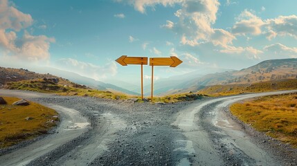 Surreal landscape with a split road and signpost arrows showing two different courses, left and right direction to choose. Road splits in distinct direction ways. Difficult decision, choice concept.