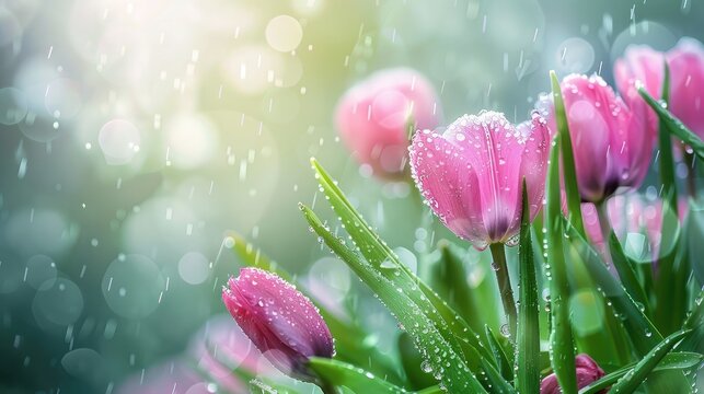 spring flowers rain drops, abstract blurred background flowers fresh rain