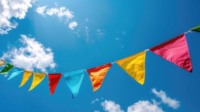 Summer festive bright colorful vintage bunting decoration and blue sky, happy joy freedom celebration , social distancing concept