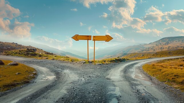 Surreal landscape with a split road and signpost arrows showing two different courses, left and right direction to choose. Road splits in distinct direction ways. Difficult decision, choice concept.