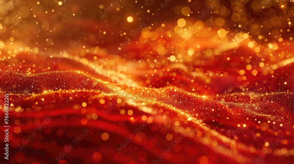 Aufkleber whirling gold particles in red fluid. magical waves of golden glittering particles in different shad