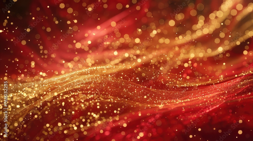 Aufkleber whirling gold particles in red fluid. magical waves of golden glittering particles in different shad