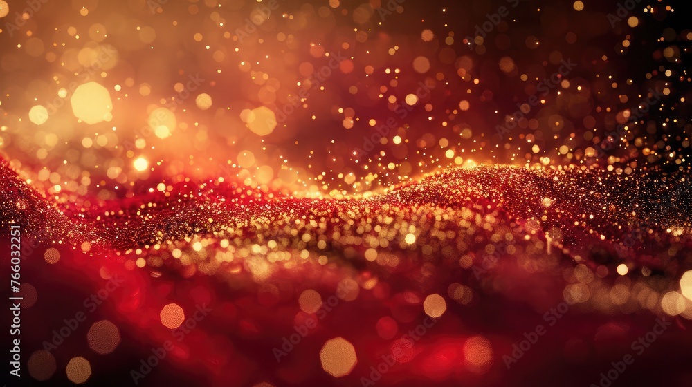 Aufkleber whirling gold particles in red fluid. magical waves of golden glittering particles in different shad