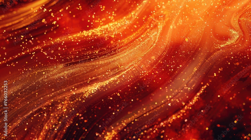 Aufkleber whirling gold particles in red fluid. magical waves of golden glittering particles in different shad
