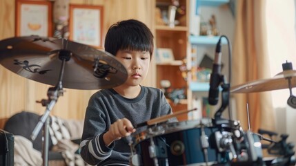 Unidentified Asian boy play electronic drum in music room