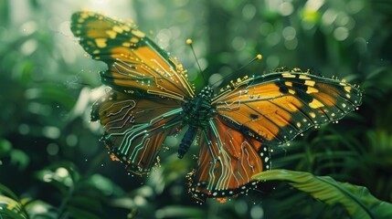 Vibrant cybernetic butterfly with intricate circuit pattern wings perched in a lush green environment
