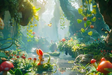 A magical forest scene with vibrant flora, mushrooms, a playful rabbit, and a fluttering butterfly in sunlight