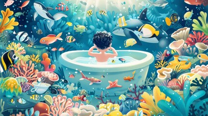 An illustration of a child in a bathtub, surrounded by toy boats and sea creatures, pretending to dive deep into an underwater world, exploring coral reefs and marine life with imaginative glee. - 766032617