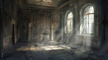An illustration of an abandoned mansion, with the remnants of grandeur and whispered tales of yesteryear, as sunlight filters through broken windows, casting patterns on the dust-covered floor. - 766032807