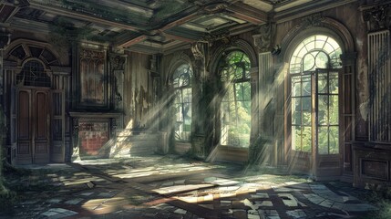 An illustration of an abandoned mansion, with the remnants of grandeur and whispered tales of yesteryear, as sunlight filters through broken windows, casting patterns on the dust-covered floor. - 766032834