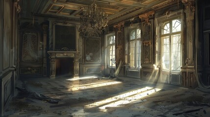 An illustration of an abandoned mansion, with the remnants of grandeur and whispered tales of yesteryear, as sunlight filters through broken windows, casting patterns on the dust-covered floor. - 766032897