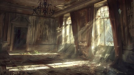 An illustration of an abandoned mansion, with the remnants of grandeur and whispered tales of yesteryear, as sunlight filters through broken windows, casting patterns on the dust-covered floor. - 766033035