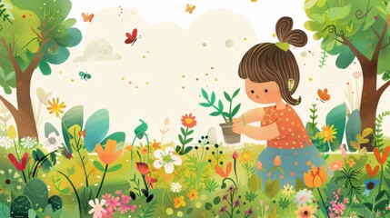 A child in their garden, engaging in eco-friendly activities like planting trees, recycling, and creating habitats for wildlife, embodying the spirit of environmental stewardship. - 766033208
