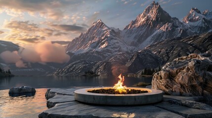 Design a 3D rendering illustrating a fire with mountain background