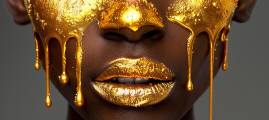 Naklejka premium Gilded makeup dripping on model s lips, nails, and skin for a luxurious golden look