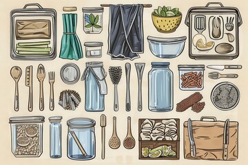 Variety of zero-waste kitchen tools and essentials, such as reusable cloths, bamboo utensils, glass containers, and bulk food storage solutions, arranged in a visually appealing - 766033615