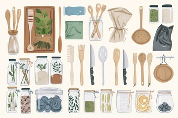 Variety of zero-waste kitchen tools and essentials, such as reusable cloths, bamboo utensils, glass containers, and bulk food storage solutions, arranged in a visually appealing - 766033625