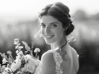 Radiant Bride in High-Key Monochrome, Bridal Caucasian Woman with flowers in Black and White Illustration. Generative AI.
