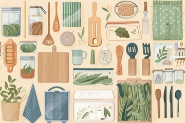 Variety of zero-waste kitchen tools and essentials, such as reusable cloths, bamboo utensils, glass containers, and bulk food storage solutions, arranged in a visually appealing - 766033664