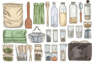 Variety of zero-waste kitchen tools and essentials, such as reusable cloths, bamboo utensils, glass containers, and bulk food storage solutions, arranged in a visually appealing - 766033672