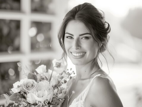 Radiant Bride in High-Key Monochrome, Bridal Caucasian Woman with flowers in Black and White Illustration. Generative AI.
- Powered by Adobe