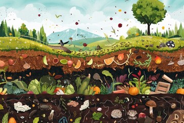 diagram detailing the composting process, from kitchen scraps to compost bin, and finally to nutrient-rich soil, highlighting the benefits of composting for reducing waste and enriching the earth. - 766034013