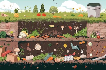 diagram detailing the composting process, from kitchen scraps to compost bin, and finally to nutrient-rich soil, highlighting the benefits of composting for reducing waste and enriching the earth. - 766034094
