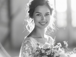 Radiant Bride in High-Key Monochrome, Bridal Caucasian Woman with flowers in Black and White Illustration. Generative AI.