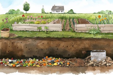 diagram detailing the composting process, from kitchen scraps to compost bin, and finally to nutrient-rich soil, highlighting the benefits of composting for reducing waste and enriching the earth. - 766034212