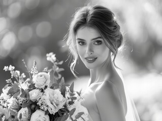 Radiant Bride in High-Key Monochrome, Bridal Caucasian Woman with flowers in Black and White Illustration. Generative AI.