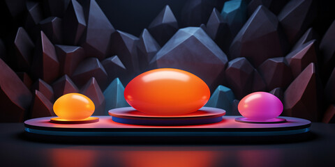 Empty pink podium on Easter background with colorful Easter eggs