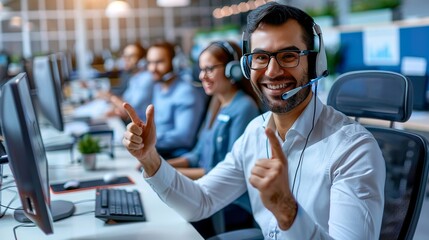 Diverse male asian customer service agent in multilingual call center hub with soft lighting - obrazy, fototapety, plakaty